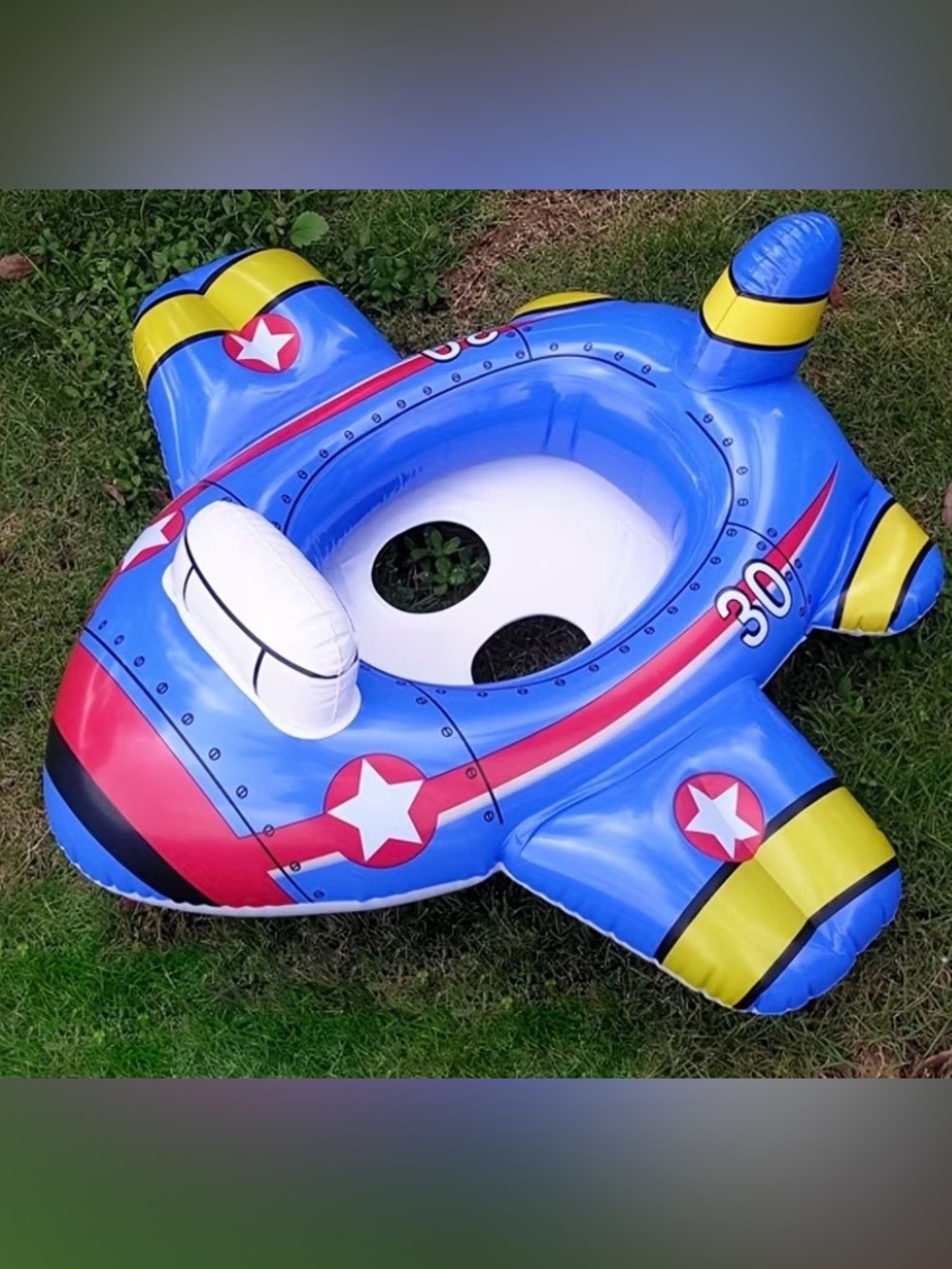 Amazon Blue Inflatable Airplane Pool Float with Red and Yellow Accents
